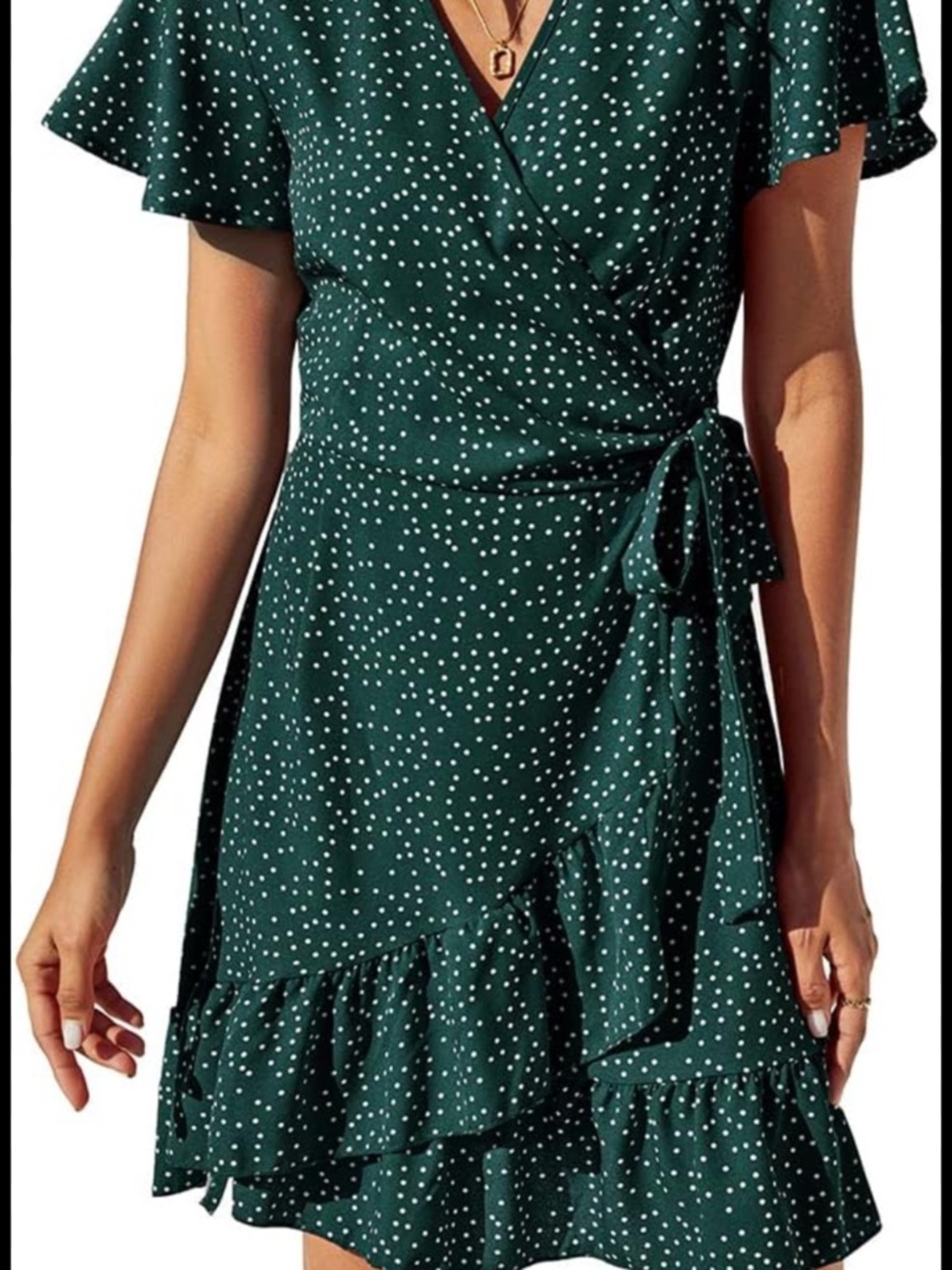 Forest Green Polka Dot Tie-Waist Mini Dress